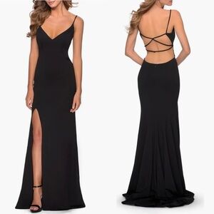 NWT La Femme Long Jersey Dress with Cut Out Open Back Gown Black Sz 4